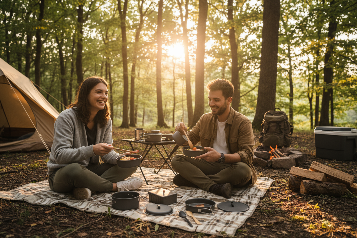 Kit de Marmitas de 8 Piezas en uso por dos personas acampando comiendo una comida felices